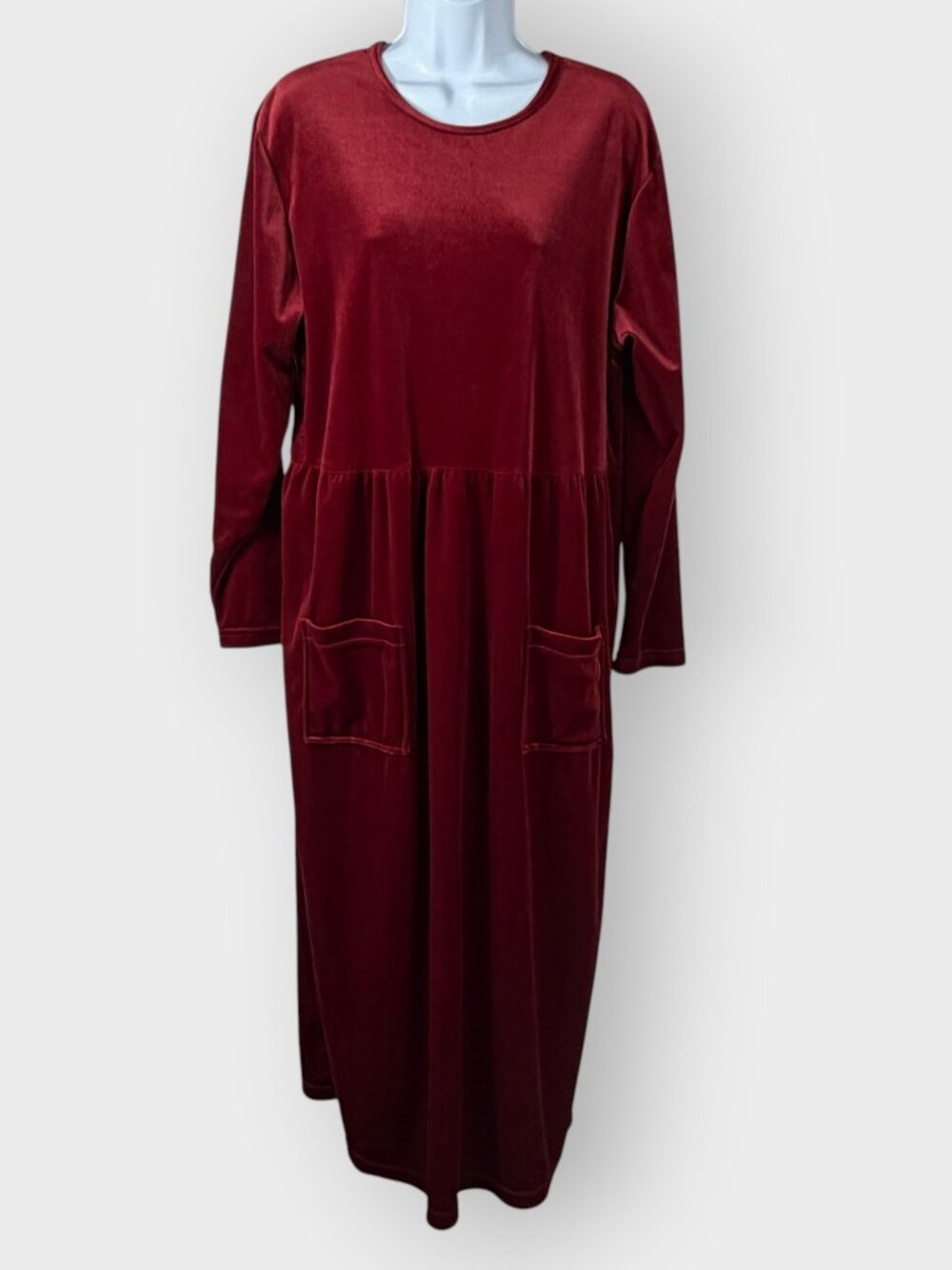 Vtg Style Studio Maxi Dress | L | Burgundy Velour | Pockets | Modest Fall Xmas